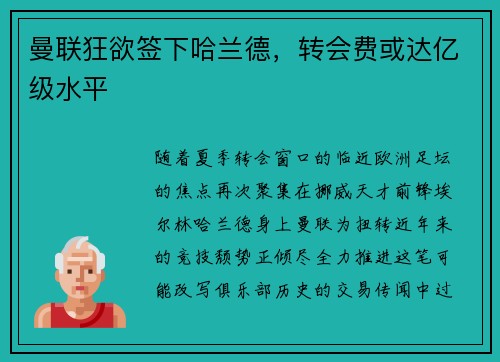 曼联狂欲签下哈兰德，转会费或达亿级水平